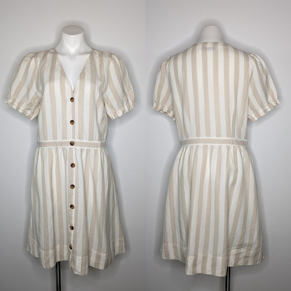 LOFT Dresses & Skirts - LOFT cream white striped button up short sleeve dress 10